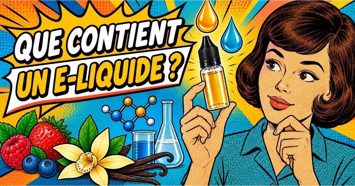 Illustration d’une femme examinant un flacon d’e-liquide, entouré de symboles représentant sa composition