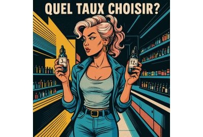 Illustration BD rétro d’une femme dans une boutique de vape, tenant deux flacons d’e-liquide étiquetés “3 mg” et “12 mg”, avec le titre “QUEL TAUX CHOISIR ?”
