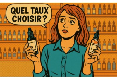 Illustration rétro style comic book d’une femme dans un vape shop, tenant deux flacons d’e-liquides et semblant hésiter sous le titre “QUEL TAUX CHOISIR ?”