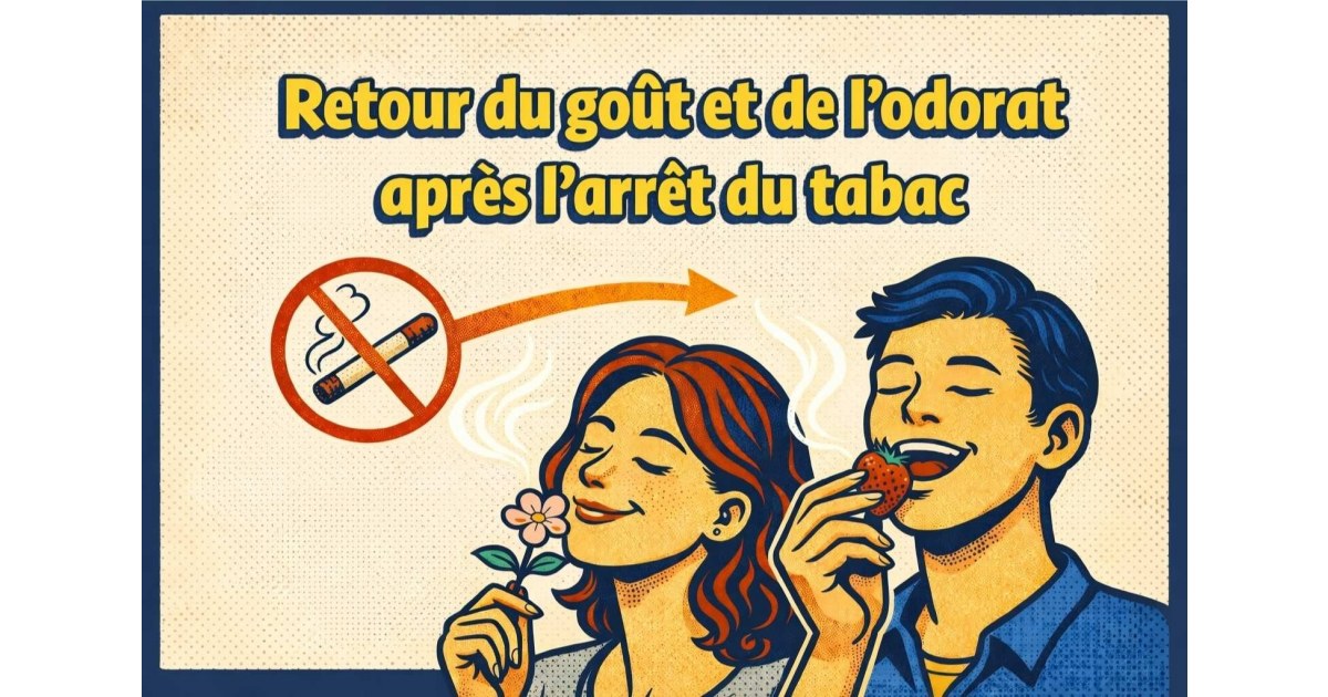 Illustration style bande dessinée montrant le retour du goût et de l’odorat après l’arrêt du tabac