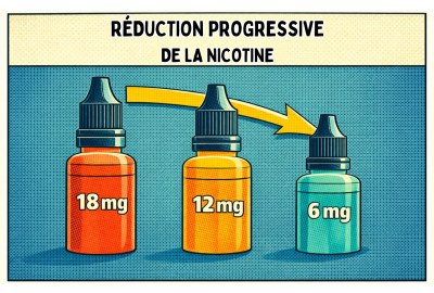 Illustration pédagogique en style bande dessinée expliquant la réduction progressive du taux de nicotine