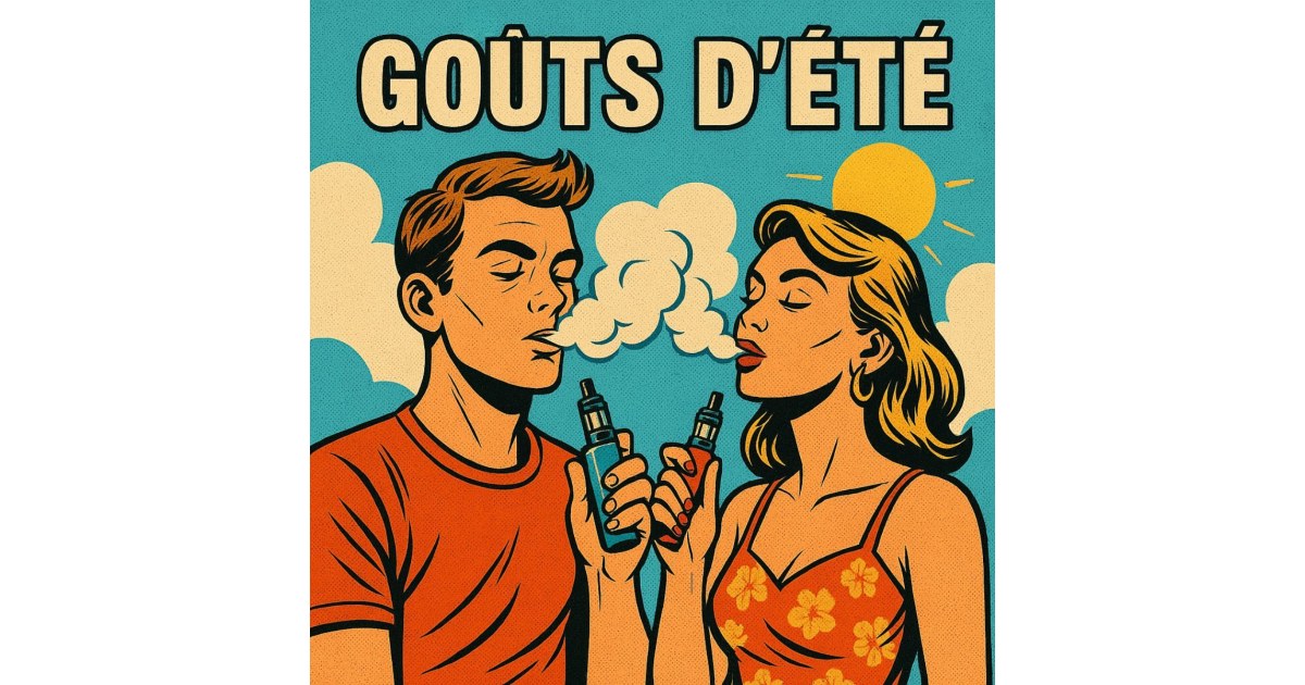 Illustration BD rétro d’un homme et d’une femme vapotant sous un ciel estival avec soleil et nuages, exhalant de larges nuages de vapeur, titre centré “GOÛTS D’ÉTÉ”.