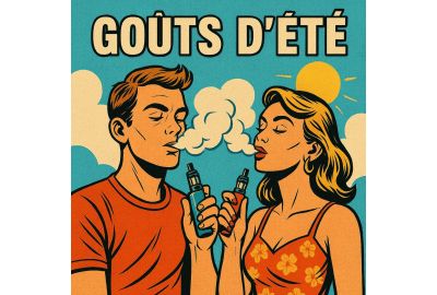 Illustration BD rétro d’un homme et d’une femme vapotant sous un ciel estival avec soleil et nuages, exhalant de larges nuages de vapeur, titre centré “GOÛTS D’ÉTÉ”.