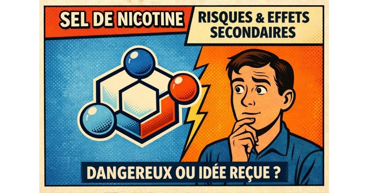 Illustration rétro représentant la question « sel de nicotine dangereux ? » avec mention des risques et effets secondaires.
