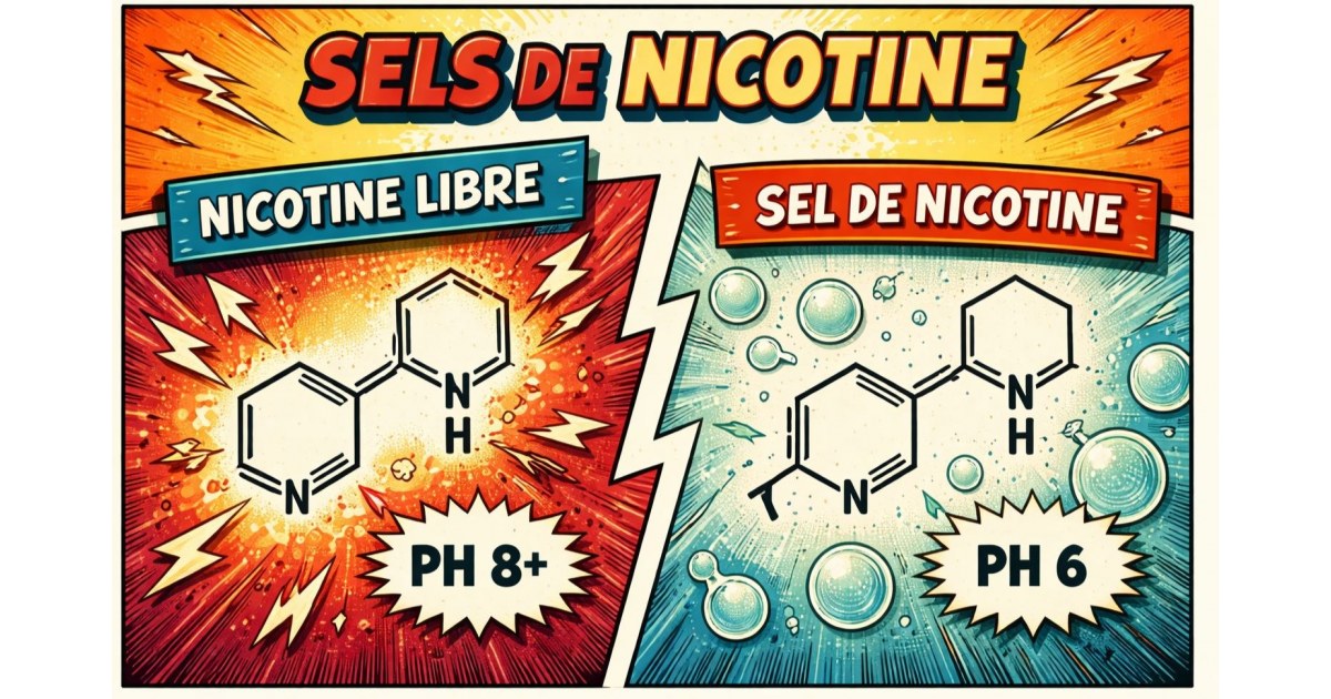 Illustration pédagogique en style bande dessinée expliquant la différence entre la nicotine libre et le sel de nicotine