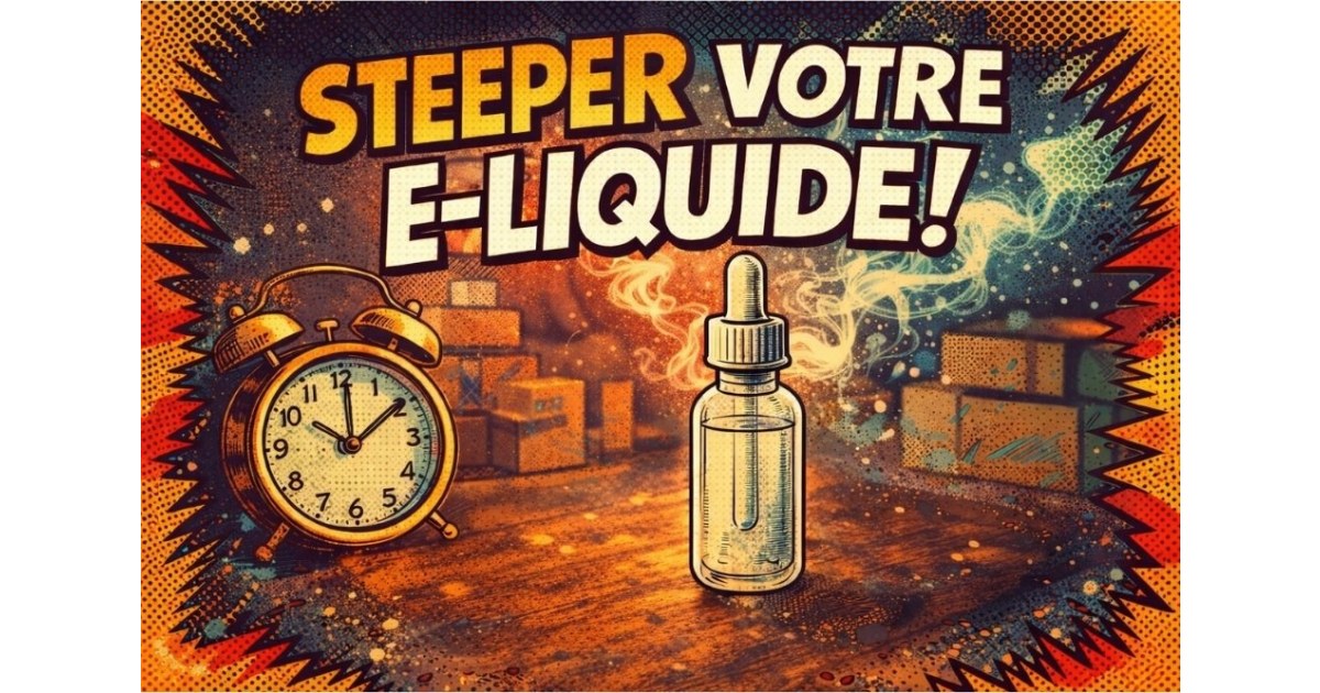 Steeper son e-liquide : illustration style bande dessinée montrant un flacon d’e-liquide et une horloge symbolisant la maturation des arômes