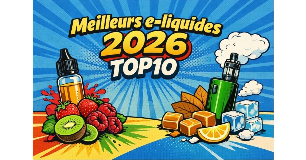 Top 10 des meilleurs e-liquides 2026, classement des saveurs cigarette électronique, illustration style pop art rétro