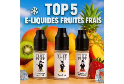 Trois flacons d’e-liquides TUFF PUFF fruités et frais posés devant des fruits d’été et des glaçons, sous le titre en relief 'TOP 5 E-LIQUIDES FRUITÉS FRAIS