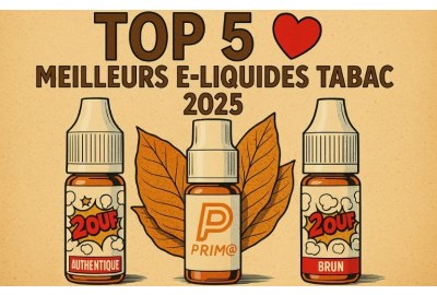 Illustration rétro style comic book présentant trois flacons d’e-liquides tabac (2OUF Authentique, PRIM@ et 2OUF Brun) alignés avec des feuilles de tabac derrière la bouteille centrale, sous le titre “Top 5 Meilleurs E-liquides Tabac 2025”