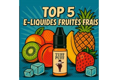 Illustration rétro pop art avec un flacon de e-liquide Tuff Puff au centre, entouré de fruits frais et de glaçons, avec le titre “Top 5 e-liquides fruités frais”.