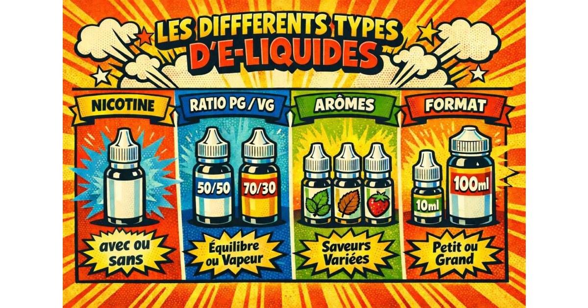Infographie expliquant les différents types d’e-liquides : avec ou sans nicotine, ratio PG/VG, arômes et formats
