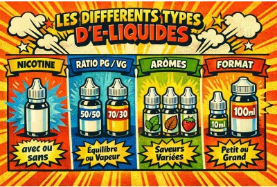 Infographie expliquant les différents types d’e-liquides : avec ou sans nicotine, ratio PG/VG, arômes et formats