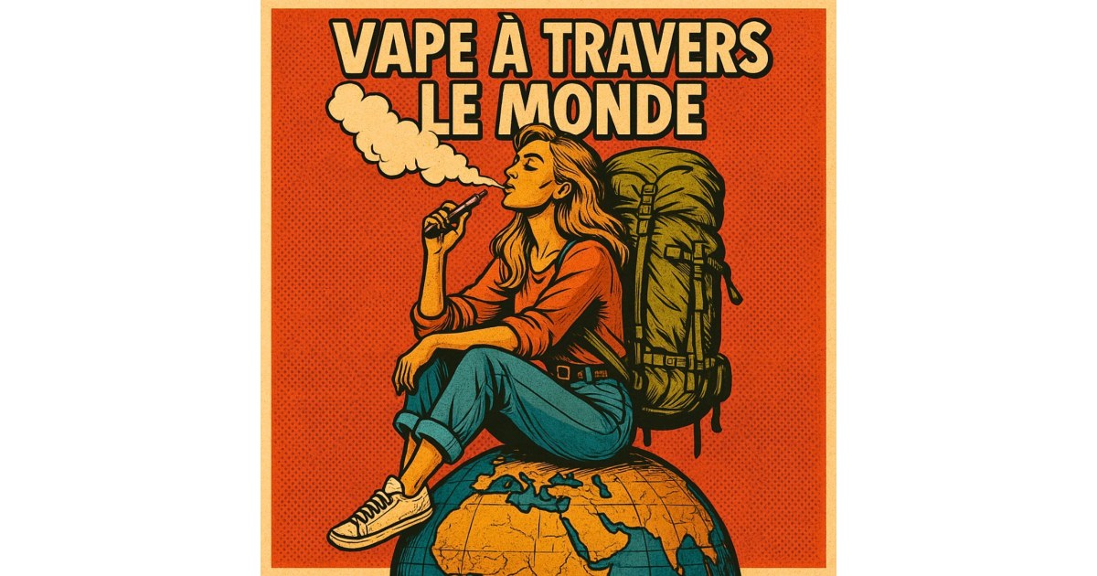 Illustration façon bande dessinée d’une jeune femme vapotant assise sur un globe terrestre, avec le titre “VAPE À TRAVERS LE MONDE” en haut de l’image.