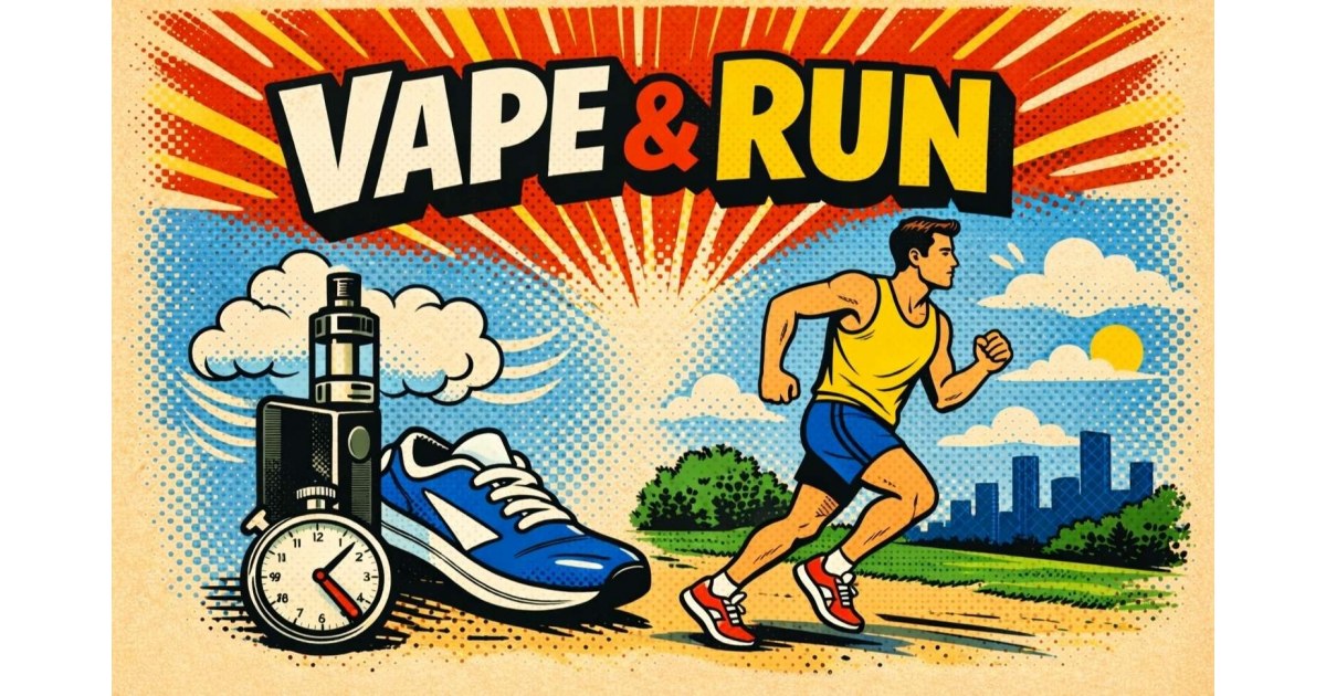 Illustration en style bande dessinée représentant la course à pied et la cigarette électronique, avec le titre « Vape and Run