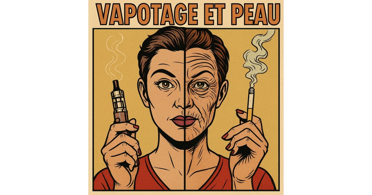 Illustration BD rétro d’une femme en split-screen : à gauche elle vape avec une peau lisse, à droite elle fume avec un teint vieilli, titre “VAPOTAGE ET PEAU”.