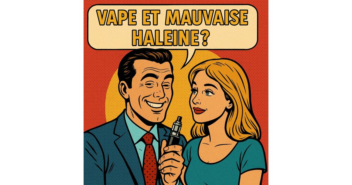Homme en costume souriant avec une cigarette électronique, aux côtés d'une femme, dans un style bande dessinée rétro avec le texte "VAPE ET MAUVAISE HALEINE ?