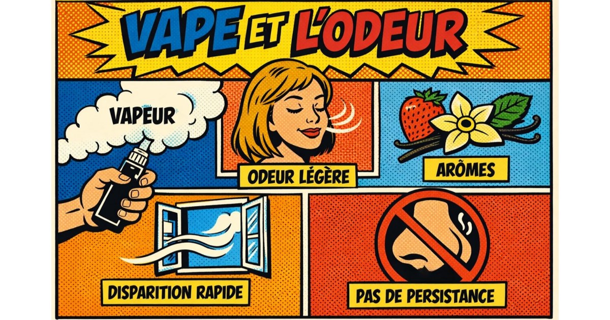 Illustration en style bande dessinée rétro des années 1970 montrant le thème « Vape et l’odeur ». Plusieurs vignettes expliquent que la vapeur a une odeur légère, liée aux arômes, qui disparaît rapidement et ne persiste pas dans l’air