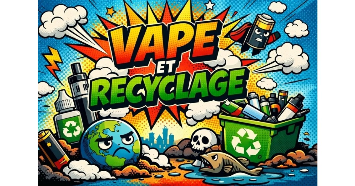 Vape et recyclage : illustration style bande dessinée montrant des e-liquides et une cigarette électronique près d’une poubelle de recyclage