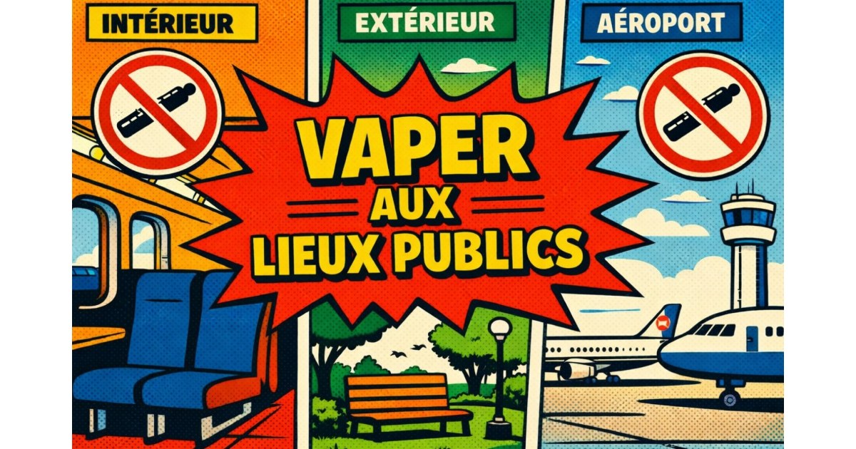 Illustration pédagogique en style bande dessinée montrant l’interdiction du vapotage dans les lieux publics en France, incluant intérieur, extérieur et aéroport.