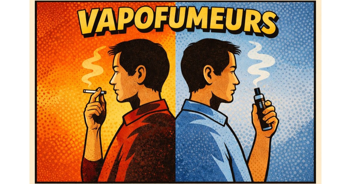 Illustration éditoriale montrant une même personne représentée de profil avec une cigarette d’un côté et une cigarette électronique de l’autre, symbolisant l’alternance entre tabagisme et vapotage.