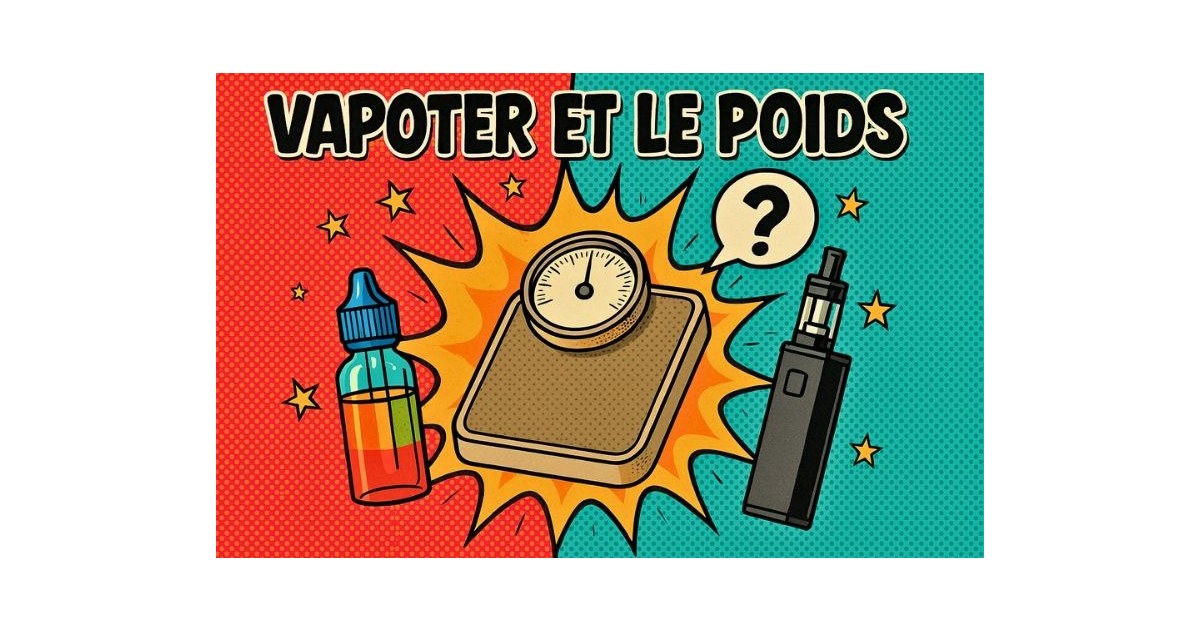 Illustration rétro style BD avec le titre "VAPOTER ET LE POIDS", une balance au centre dans une explosion jaune/orange, une fiole de e-liquide à gauche, une cigarette électronique à droite et un point d’interrogation au-dessus, sur un fond pop art rouge e
