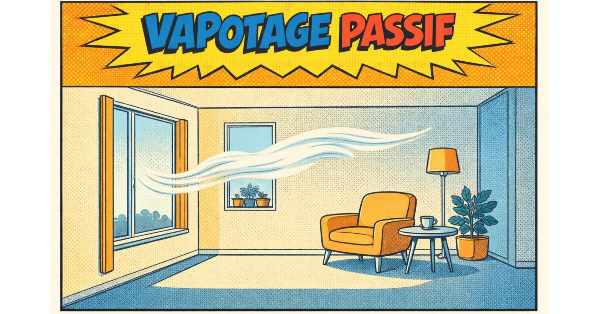 Illustration en style bande dessinée rétro montrant une pièce vide avec une fenêtre ouverte et de la vapeur circulant dans l’air, sous le titre « Vapotage passif »