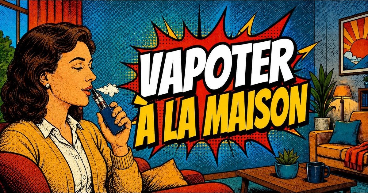 Femme vapotant à la maison dans un salon, illustration rétro pop-art
