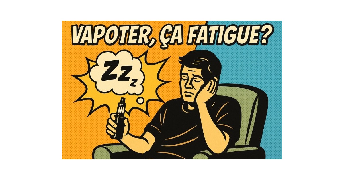 Illustration rétro pop art avec le titre « Vapoter, ça fatigue ? » en lettres noires avec contour blanc ; un homme assis, l’air fatigué, tient une cigarette électronique à la main ; une bulle de pensée en forme d’explosion contient « Zzz… » pour symbolise