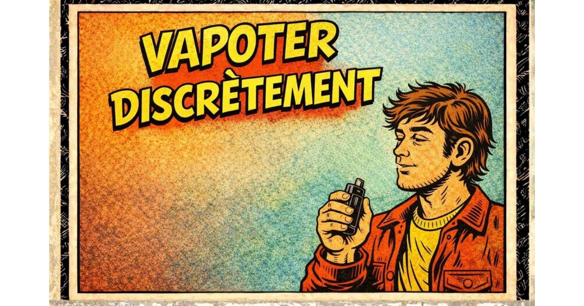 Illustration en style bande dessinée rétro montrant un vapoteur utilisant une cigarette électronique de manière discrète, avec le titre « Vapoter discrètement » en grandes lettres de comic book.