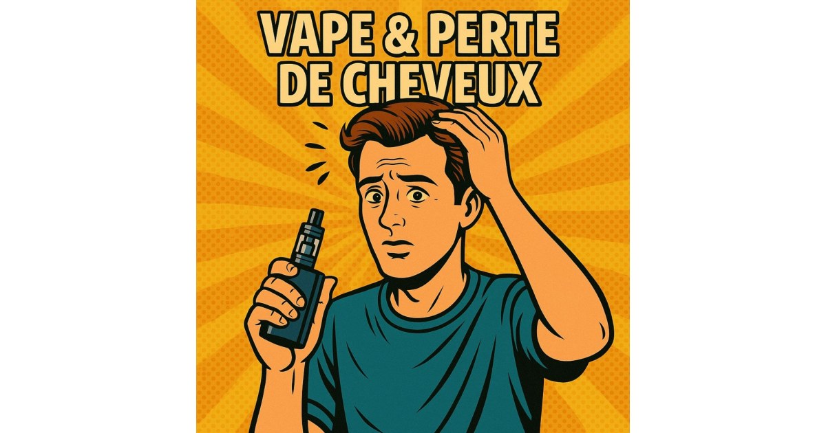 Homme avec cigarette électronique qui touche ses cheveux.  Titre "Vape & perte de cheveux"