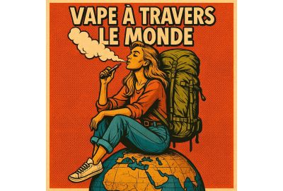 Illustration façon bande dessinée d’une jeune femme vapotant assise sur un globe terrestre, avec le titre “VAPE À TRAVERS LE MONDE” en haut de l’image.