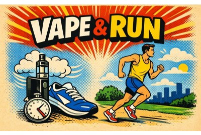 Illustration en style bande dessinée représentant la course à pied et la cigarette électronique, avec le titre « Vape and Run