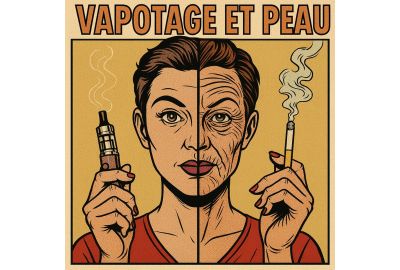 Illustration BD rétro d’une femme en split-screen : à gauche elle vape avec une peau lisse, à droite elle fume avec un teint vieilli, titre “VAPOTAGE ET PEAU”.