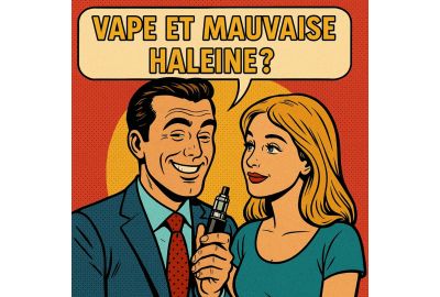 Homme en costume souriant avec une cigarette électronique, aux côtés d'une femme, dans un style bande dessinée rétro avec le texte "VAPE ET MAUVAISE HALEINE ?