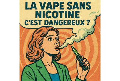 Affiche vintage style BD rétro représentant une femme rousse tenant une cigarette électronique, avec un fond en spirale orange et jaune. Le texte en haut de l’image, en français, dit : « La vape sans nicotine – C’est dangereux ? ». La femme, habillée en v