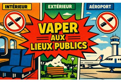 Illustration pédagogique en style bande dessinée montrant l’interdiction du vapotage dans les lieux publics en France, incluant intérieur, extérieur et aéroport.