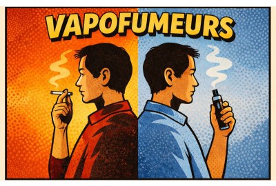 Illustration éditoriale montrant une même personne représentée de profil avec une cigarette d’un côté et une cigarette électronique de l’autre, symbolisant l’alternance entre tabagisme et vapotage.