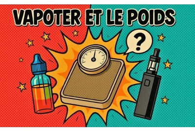 Illustration rétro style BD avec le titre "VAPOTER ET LE POIDS", une balance au centre dans une explosion jaune/orange, une fiole de e-liquide à gauche, une cigarette électronique à droite et un point d’interrogation au-dessus, sur un fond pop art rouge e