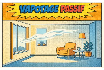 Illustration en style bande dessinée rétro montrant une pièce vide avec une fenêtre ouverte et de la vapeur circulant dans l’air, sous le titre « Vapotage passif »