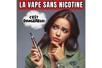 Une femme avec une cigarette électronique s'interroge sur les dangers. Le titre au-dessus demande : "La vape sans nicotine est-elle dangereuse ?"