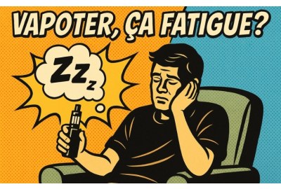 Illustration rétro pop art avec le titre « Vapoter, ça fatigue ? » en lettres noires avec contour blanc ; un homme assis, l’air fatigué, tient une cigarette électronique à la main ; une bulle de pensée en forme d’explosion contient « Zzz… » pour symbolise