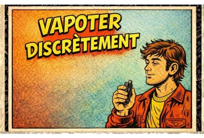 Illustration en style bande dessinée rétro montrant un vapoteur utilisant une cigarette électronique de manière discrète, avec le titre « Vapoter discrètement » en grandes lettres de comic book.