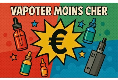 Illustration rétro pop art avec le titre « Vapoter Moins Cher » en lettres noires à contour blanc ; au centre une explosion jaune avec un grand symbole € ; autour, plusieurs flacons colorés de e-liquides et un vape device en bas à droite ; fond en demi-te