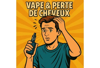 Homme avec cigarette électronique qui touche ses cheveux.  Titre "Vape & perte de cheveux"