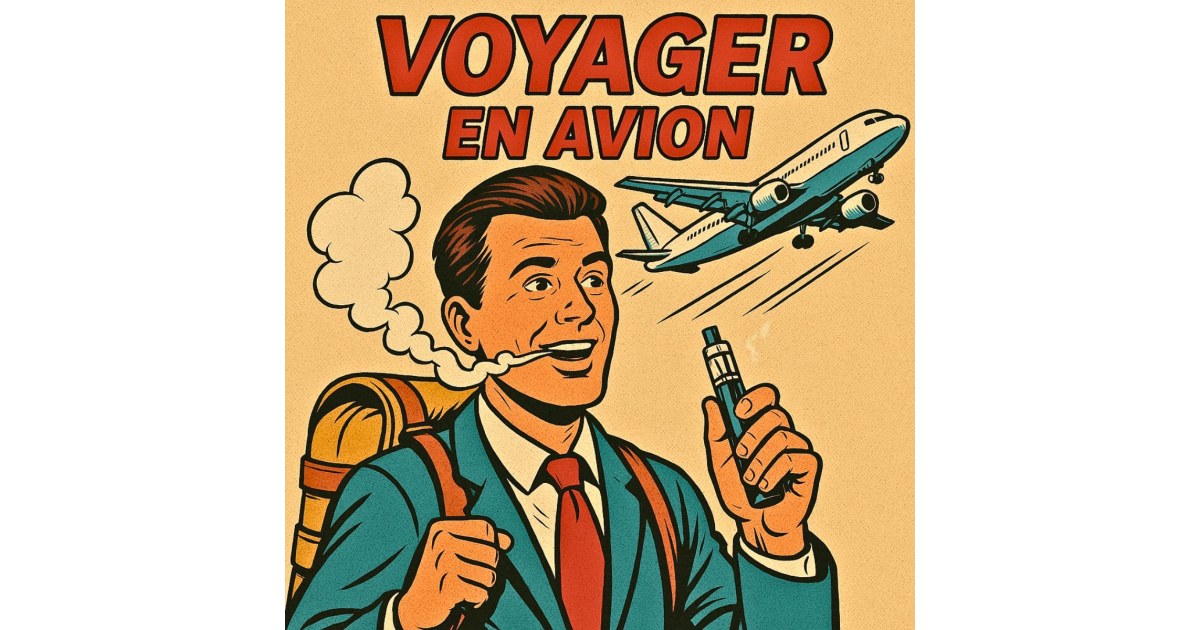 Illustration rétro représentant un voyage en avion – article informatif sur la cigarette électronique
