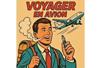 Illustration rétro BD d’un voyageur en costume et sac à dos vapotant, avion en vol et titre “VOYAGER EN AVION”.