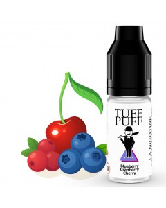 Blueberry Cranberry Cherry e-liquide Tuff Puff aux saveurs fruitées de myrtille, canneberge et cerise, flacon de 10ml illustré avec des fruits rouges et bleus en style cartoon.