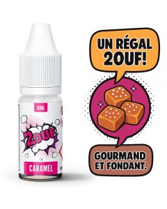 E-liquide 2OUF saveur caramel beurre salé avec bulles colorées style BD et flacon 10ml en avant-plan.
