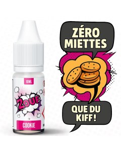 Flacon d'e-liquide 2OUF Cookie avec illustration de cookies et bulles de texte humoristiques "Zéro miettes. Que du kiff." en style BD rétro.