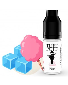 E-liquide Cotton Candy Ice TUFF PUFF 10ml, illustré avec une barbe à papa rose et des glaçons, pour une vape sucrée et rafraîchissante au goût de fête foraine.